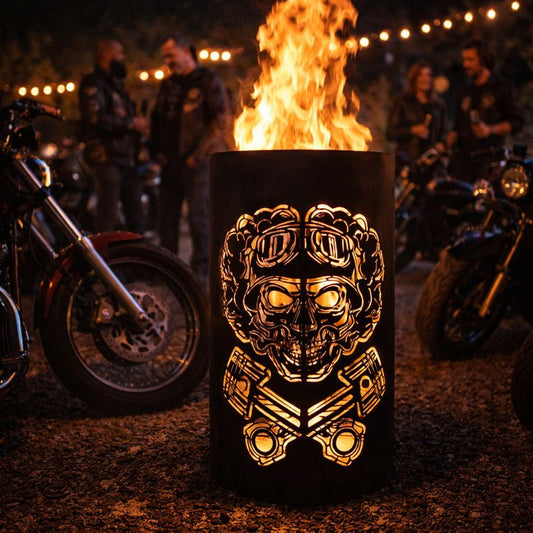 Feuertonne " Ghost-RIder " mit Totenkopf & Kolben – Robuster Feuerkorb aus Stahl für Garten & Terrasse