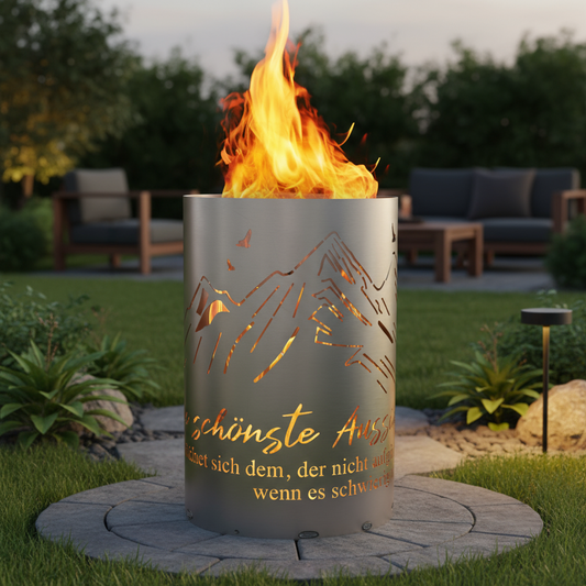 Feuertonne / Feuerkorb mit Motiv " Berge - Die schönste Aussicht eröffnet sich dem, der nicht aufgibt wenn es schwierig wird.