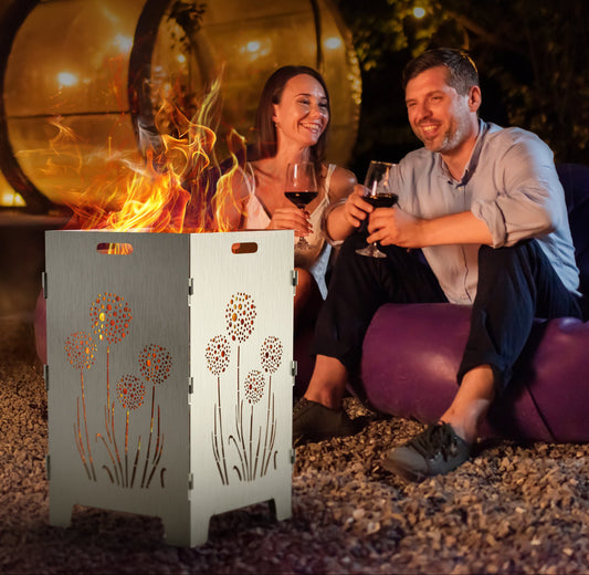 TiKo-Design Feuerkorb mit Pusteblumen-Motiv, 4- fach Laserung, Zerlegbar, Gartendekoration, Feuerkorb & Sitzgelegenheit in einem