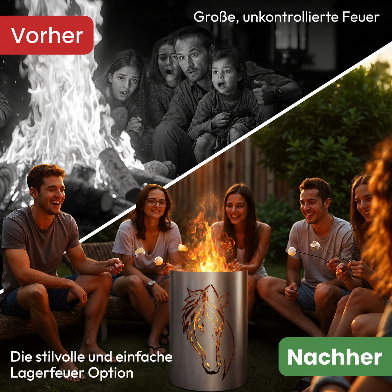 TiKo-Design® Feuertonne aus Stahl mit Pferdekopf Motiv