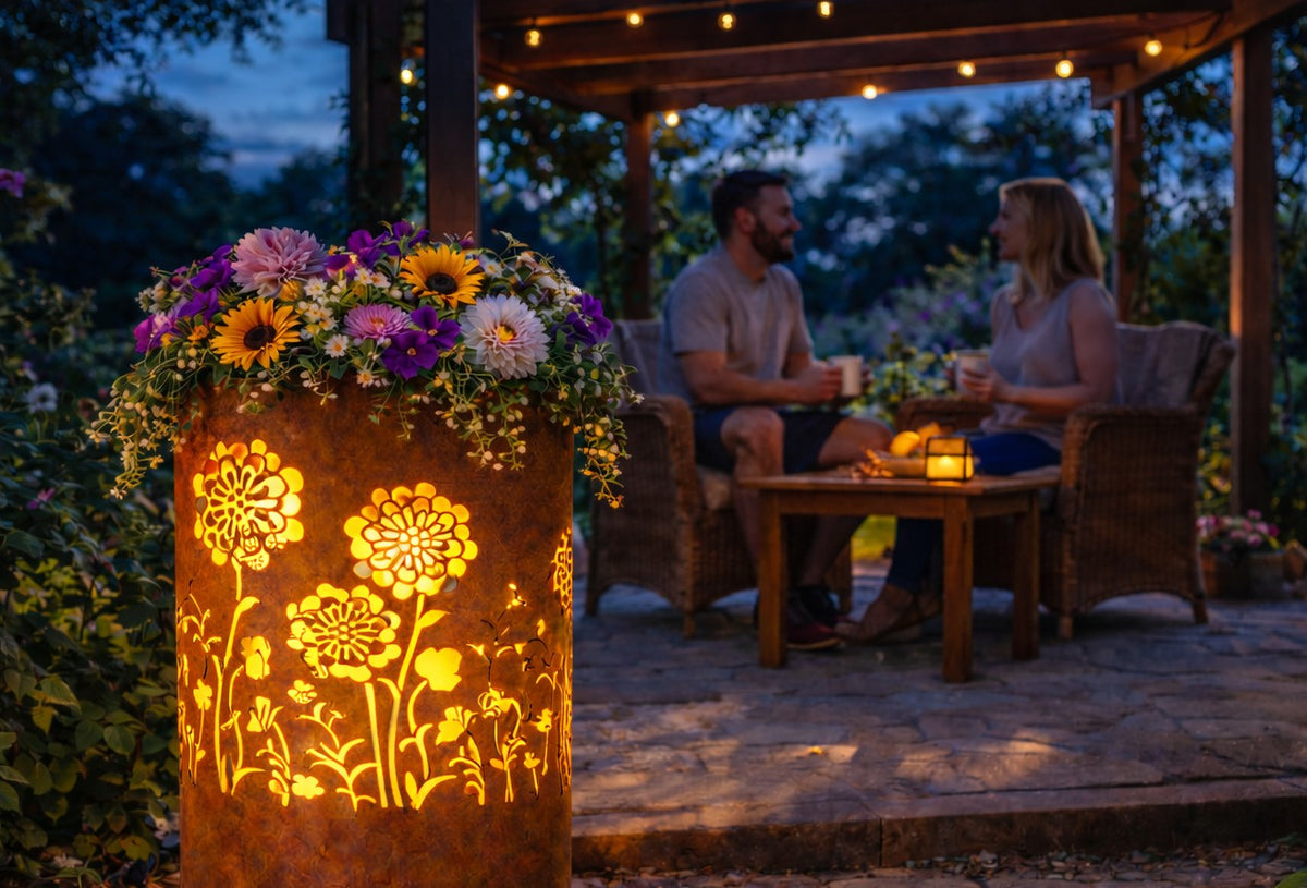 TiKo-Design® Blumen-Feuertonne als beleuchtete Gartendeko mit Blumenmotiv 🌸✨