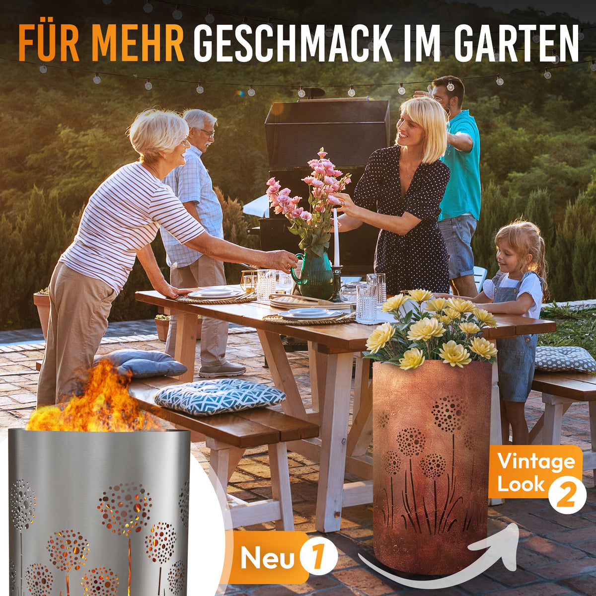 Feuertonne „Pusteblume“ als Feuerstelle und Gartendeko – dekoratives Blumenmotiv im Vintage-Look für Garten und Terrasse