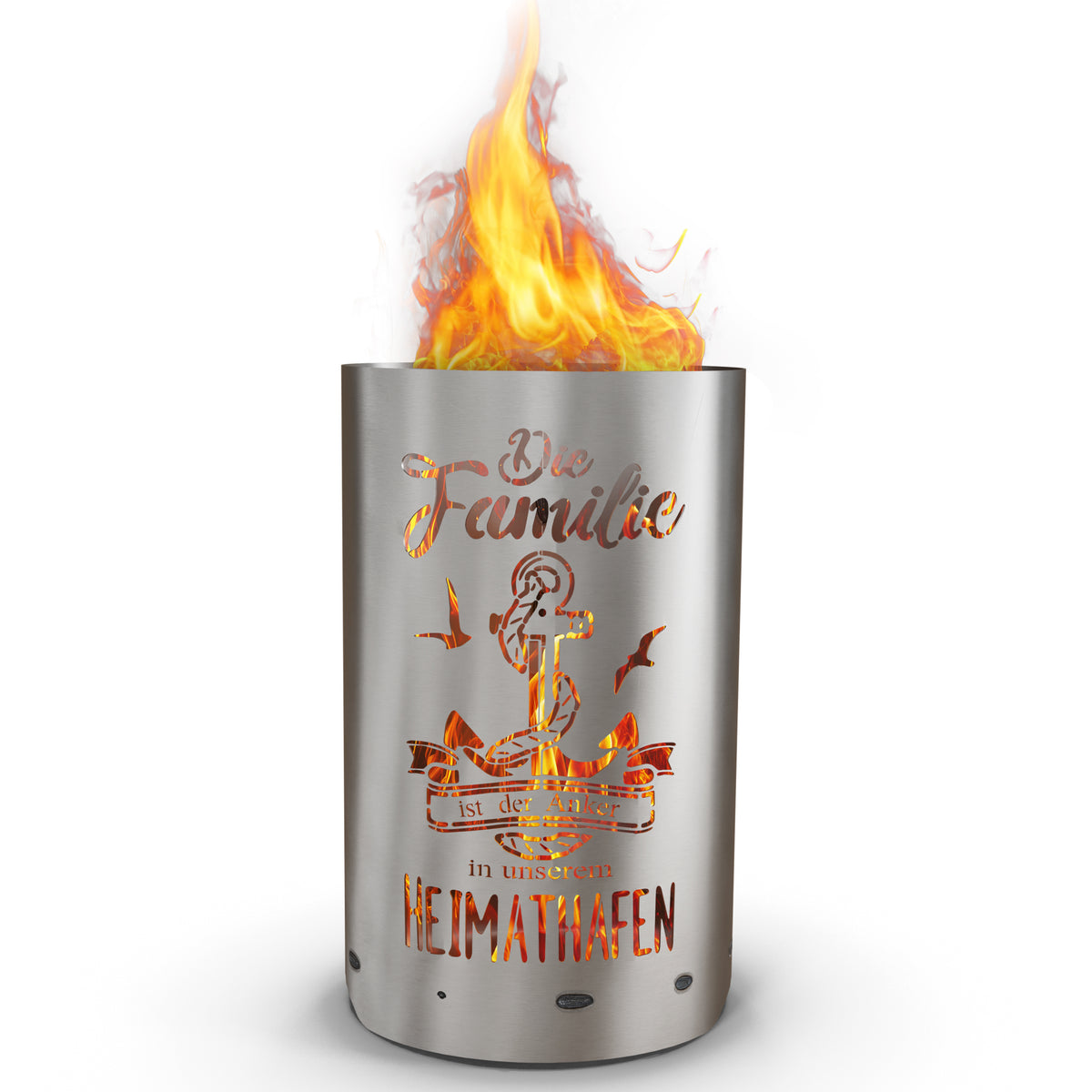 Feuertonne „Familie – Heimathafen“ aus Stahl mit Anker-Motiv und Flammen – Made in Germany