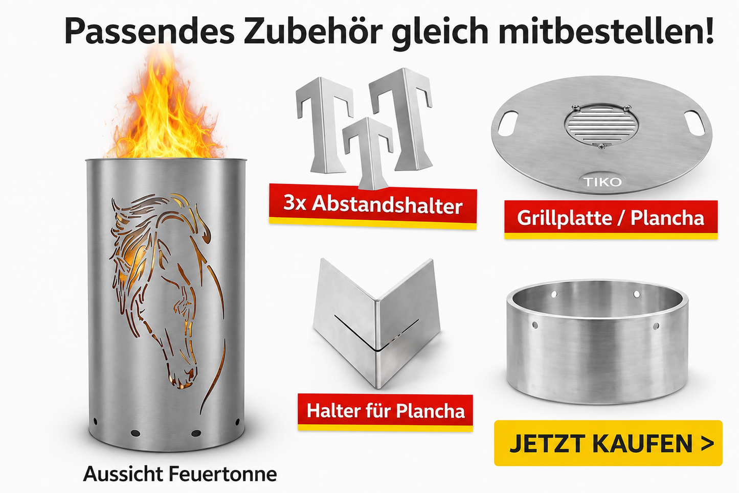 TiKo-Design® Feuertonne aus Stahl mit Pferdekopf Motiv