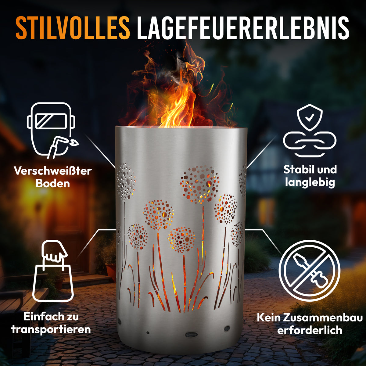 Feuertonne „Pusteblume“ mit Blumenmotiv – stabil, langlebig und mit verschweißtem Boden