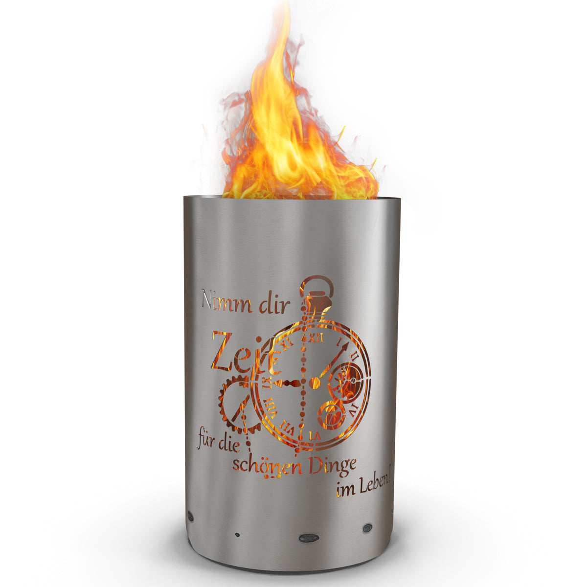 Feuertonne „Nimm dir Zeit“ aus Stahl mit ausgelasertem Motiv und Feuer
