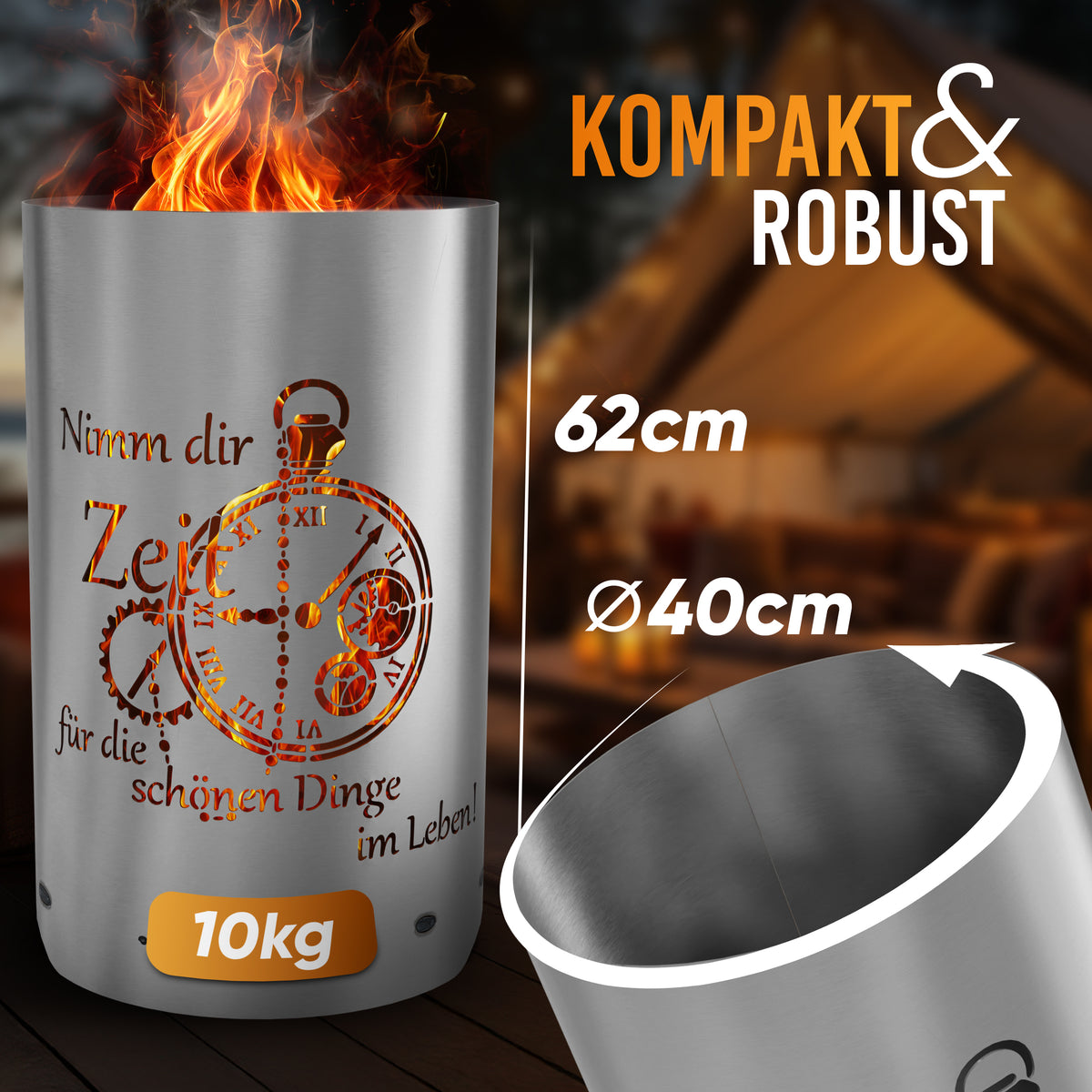 Feuertonne „Nimm dir Zeit“ aus Stahl – 62 cm hoch, Ø 40 cm und ca. 10 kg