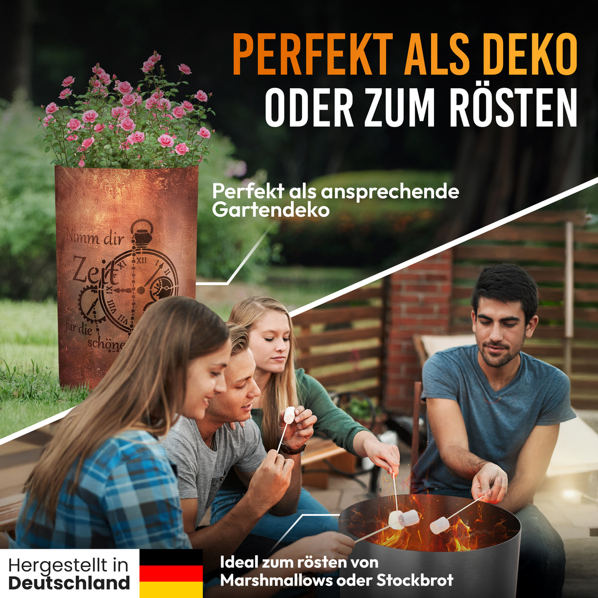 Motiv-Feuertonne „Nimm dir Zeit“ als Gartendeko und Feuerstelle für Stockbrot und Marshmallows