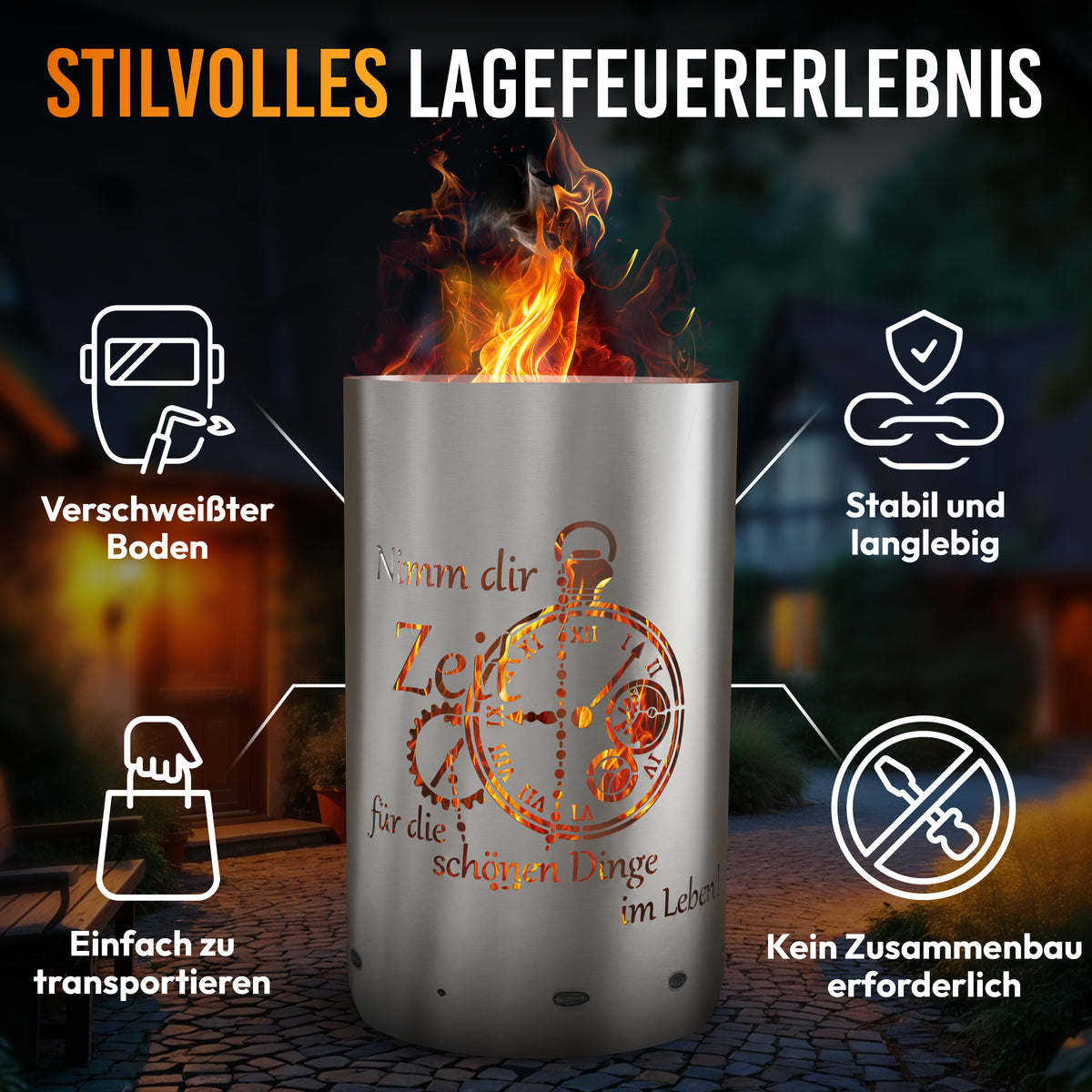 Motiv-Feuertonne „Nimm dir Zeit“ aus Stahl – stabil, fertig montiert mit verschweißtem Boden