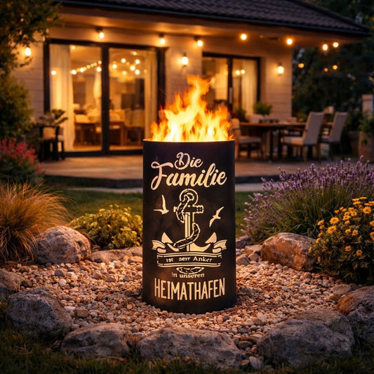 Feuertonne mit Anker-Motiv Familie ist der Anker im Heimathafen im Garten