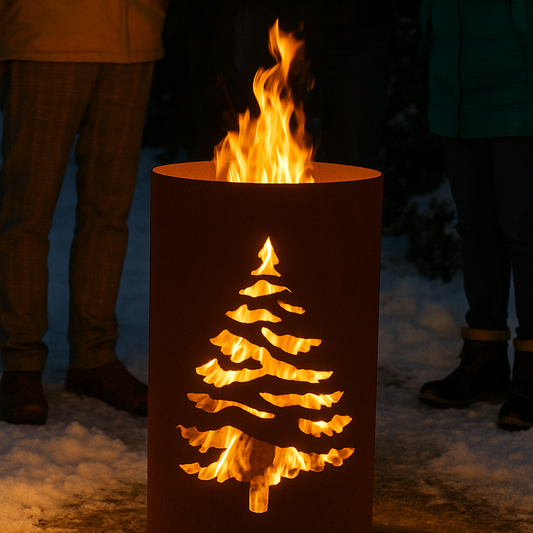 Feuertonne mit Tannenbaum Motiv, ein besonderes Highlight in der Vorweihnachtszeit